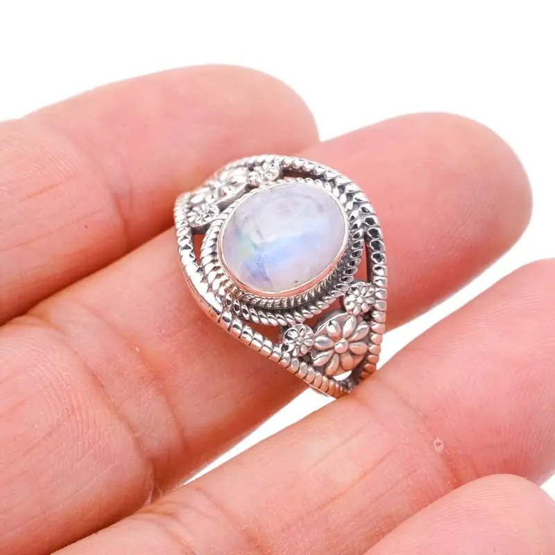 

StarGems® Natural Moonstone Flower Handmade 925 Sterling Silver Ring 10 F0777