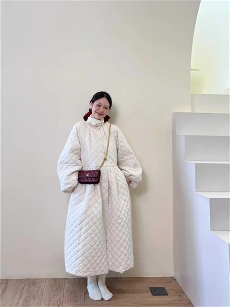 

Unique Women's Long Jaet Rhombus Pattern Cotton Coat Winter Faionable Trendy Commute Sle Button Closure round Ne