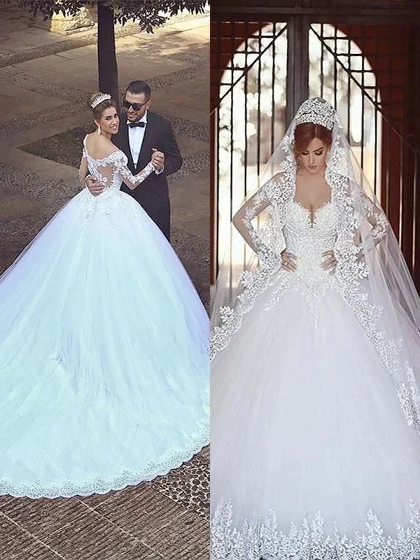 

Customized Ball Tulle Long Sleeves Off-the-Shoulder Court Train Wedding Dresses Custom Made Bride Bridal Gown
