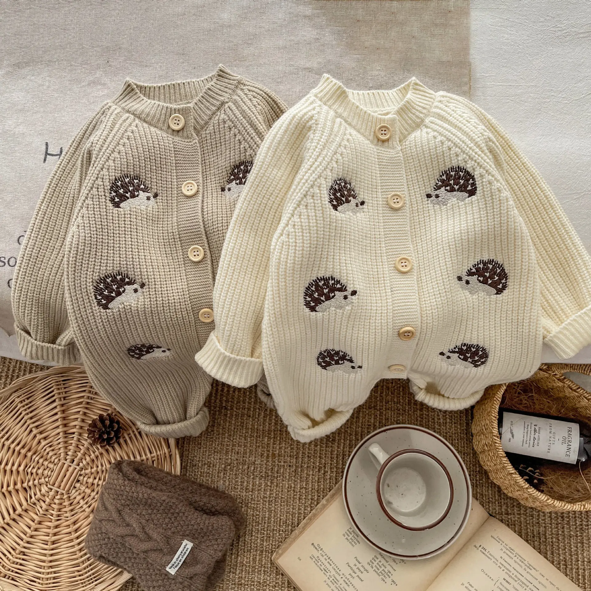 Korean Style Spring And Autumn Clothes Baby Knit Jumpsuit Super Cute Little Hedgehog 100-Day Knitted Crawling Suit For Going Out