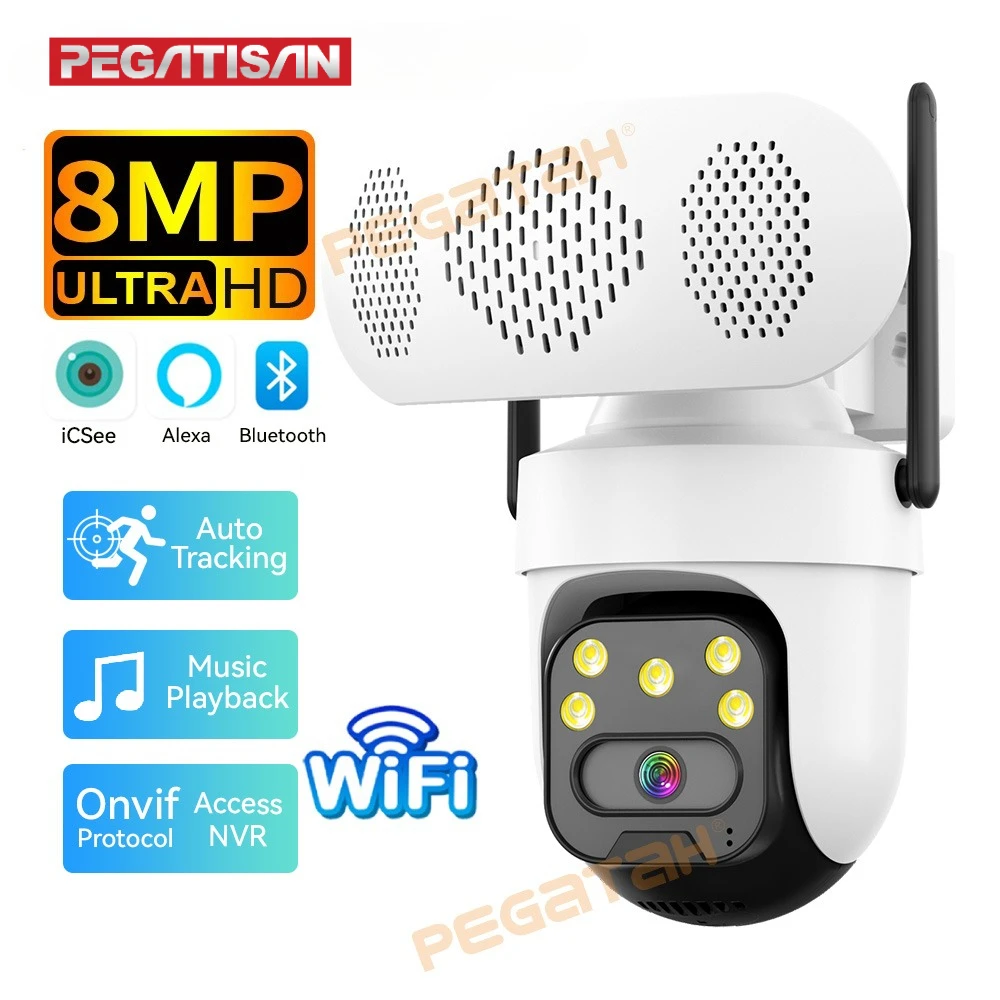 8MP 2.4G WiFi IP Camera with Music Player Outdoor 4MP Color Night Vision Human Auto Tracking Security Cameras Bluetooth Speaker
