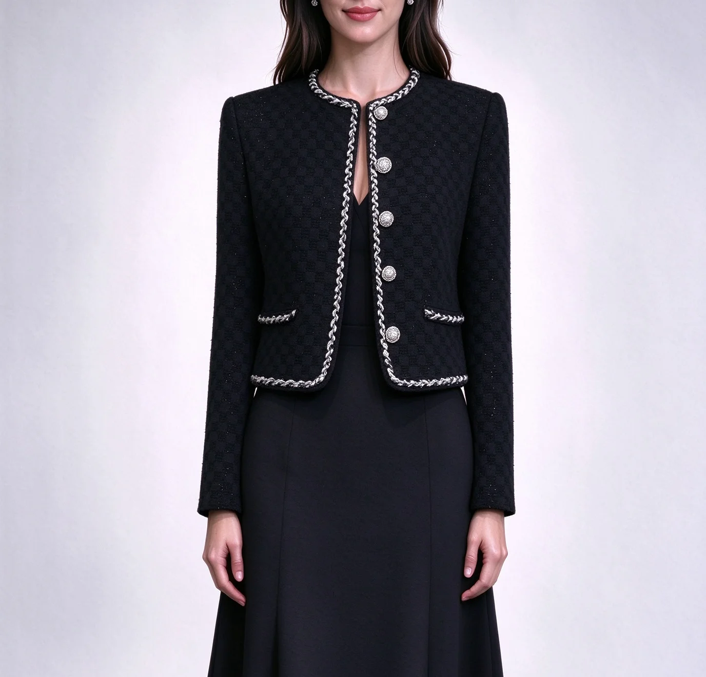 Women's Luxury Wool Tweed Crop Jacket, Heavy Duty Contrast Braided Trim, Elegant Small Fragrance Short Outerwear