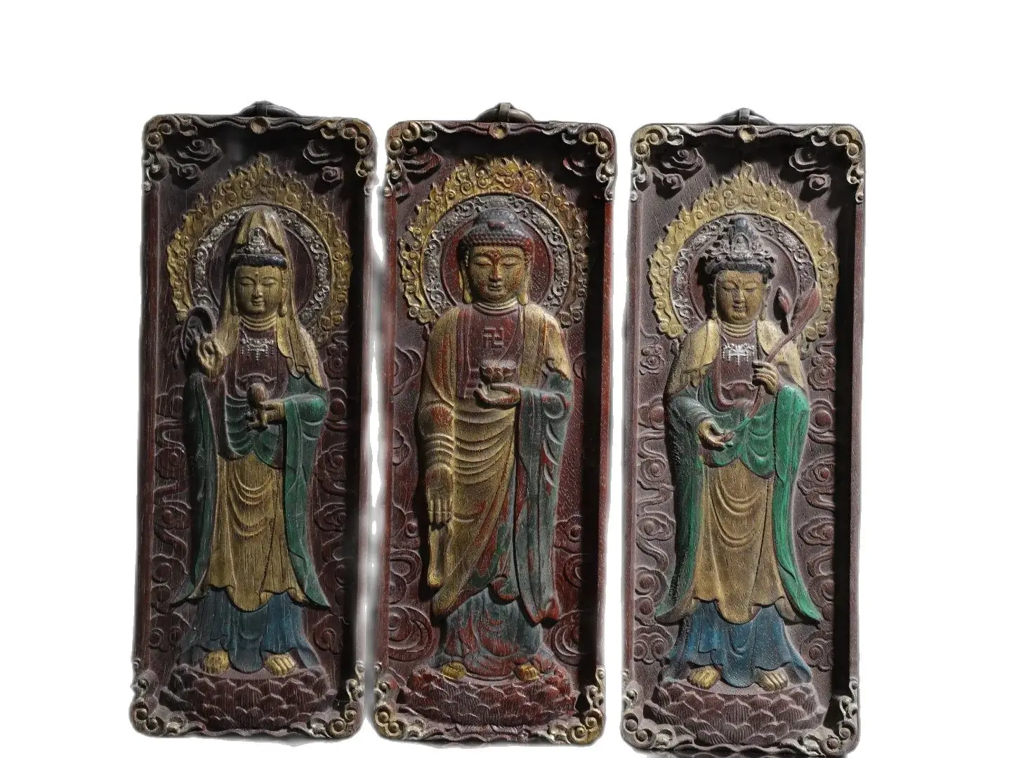 offering a set of Tangka from the Three Saints of the West at home  Material Wood  Size: A single piece is 25 centimeters high,