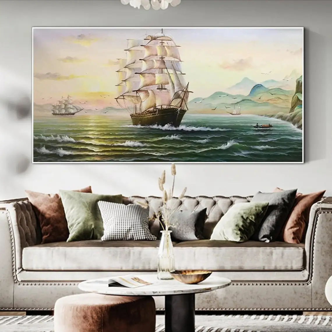 Large Sailing Oil Painting Hand Painted on Canvas Sailboat Painting Vintage Landscape Artwork Sunrise Sailboat Home Wall Art