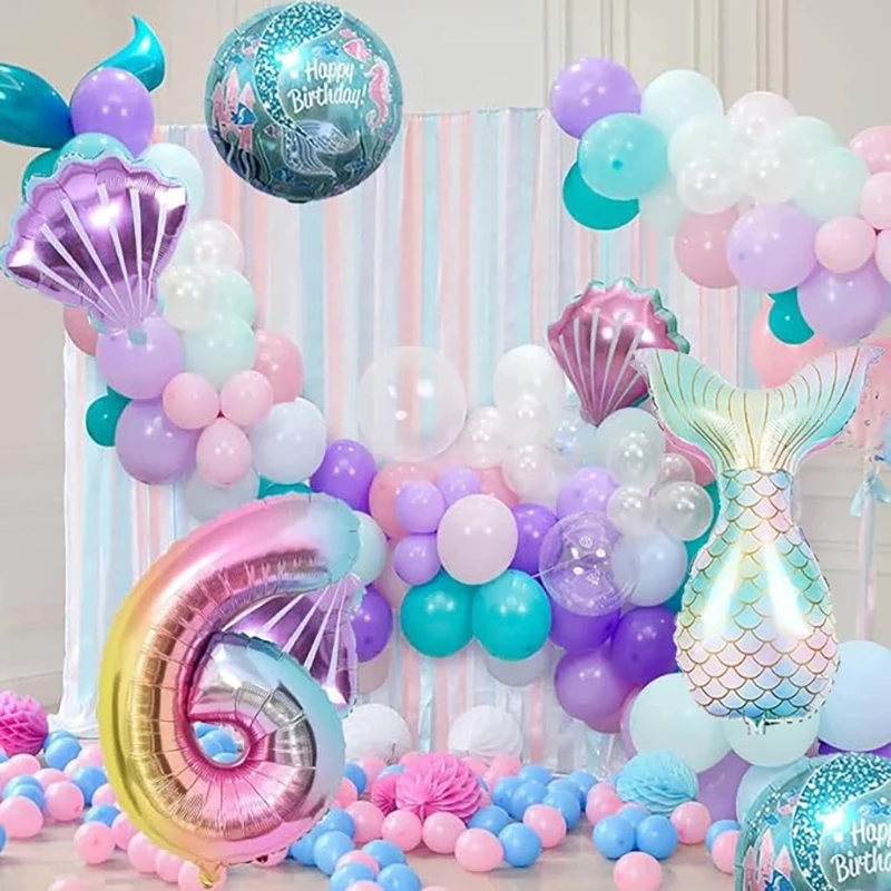 6-teiliges Meerjungfrauenschwanz-Kugel-Set aus digitaler Folienballon, Meerjungfrau, Ozean, Märchen, Meer, Thema, Mädchen, Geburtstag, Party, Nummer 0–9, Dekoration – Detail 3