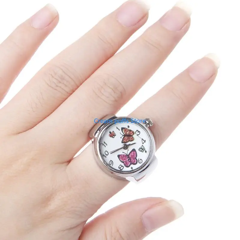 50LE Women Dial Analog Finger Ring Watch for Butterfly Elastic Gift for Creati