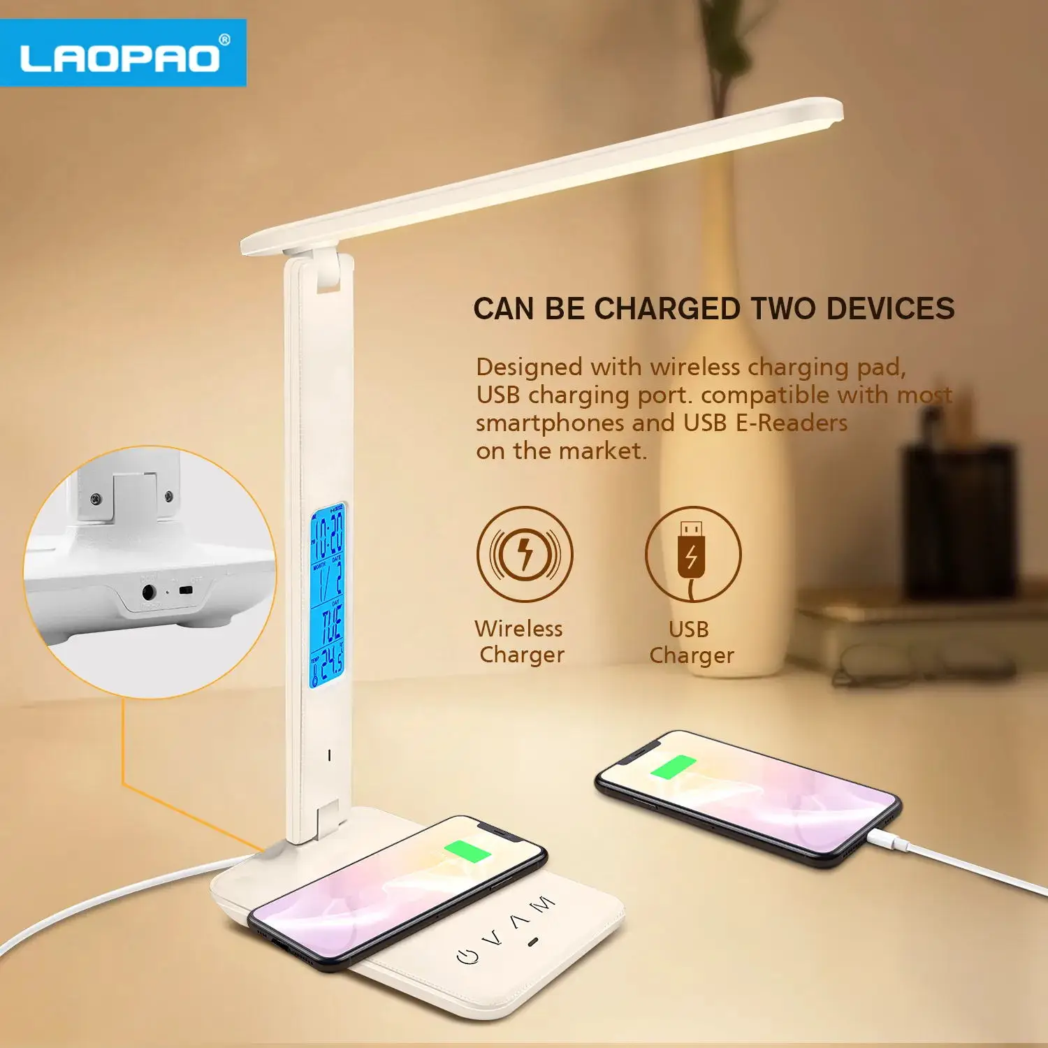 Lampada da scrivania a LED a ricarica Wireless QI calda 10W con calendario temperatura sveglia protezione degli occhi lampada da tavolo lampada da