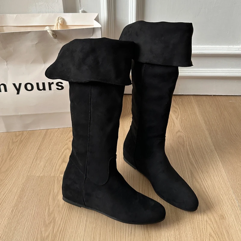 Flats Women's High Boots Suede Fashion Dress Shoes 2025 Designer Knee High Winter Boots Casual Cozy New Mujer De Chelsea Botas