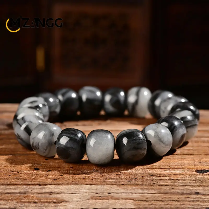 

Natural Hetian Jade Green Flower Seed Bracelet Black and White Dots Ink Fashion Jewelry Chinese Style Men and Women Beads String