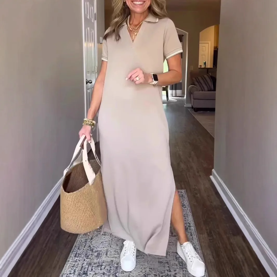 

2025 Hot Selling Casual Dress Summer New Short Sleeved Slit Temperament Long Skirt Women's Clothing