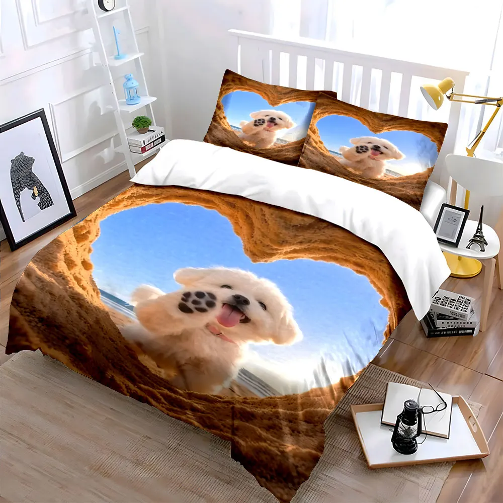 Adorable puppy framed by sandy heart Printed Duvet Cover Set1 Duvet Cover+2 PillowcaseMulti Size Bedroom Bedding Decor