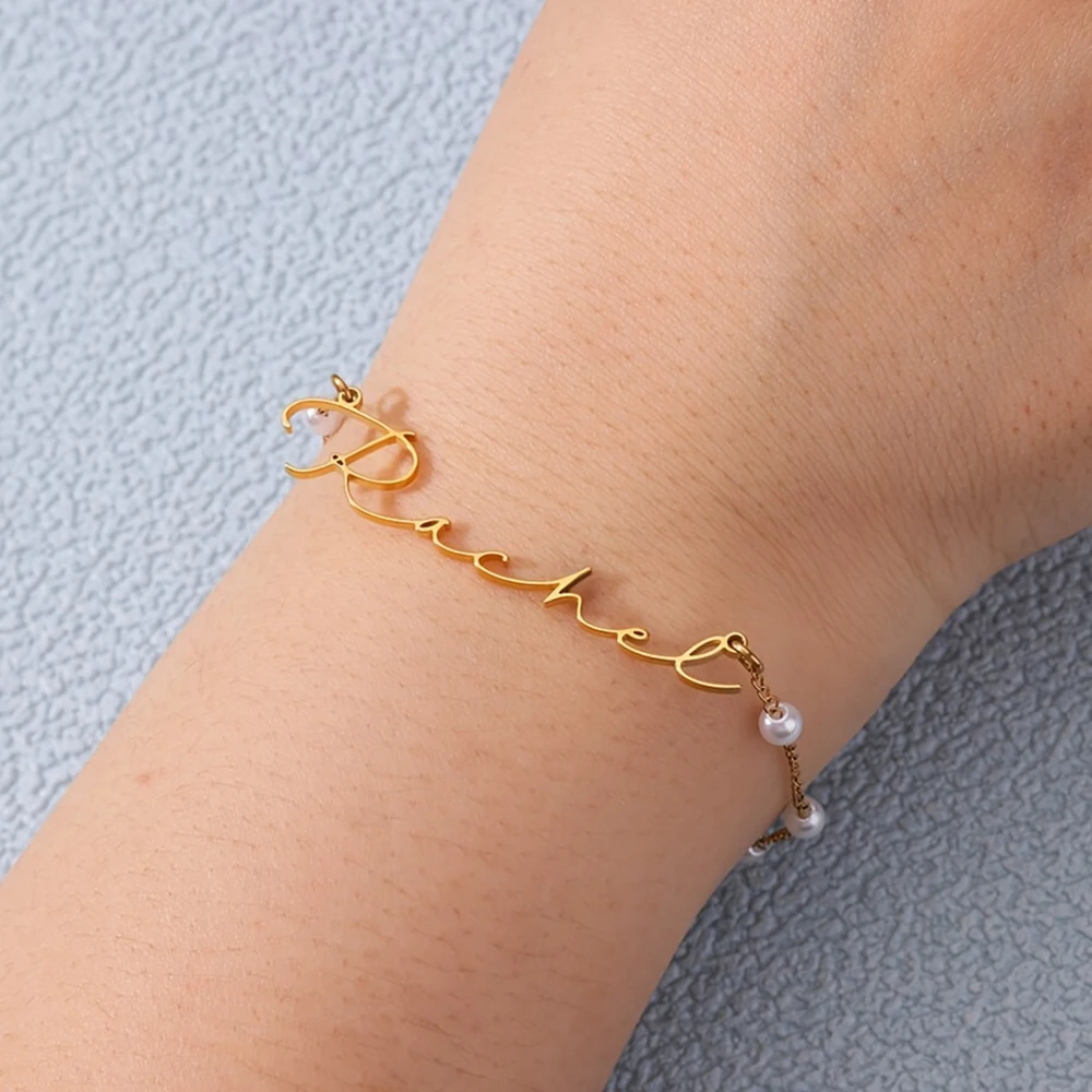 Custom Imitation Pearl Name Bracelets For Women Stainless Steel Customized Bracelet Female Personalized Wrist Chain Jewelry Gift