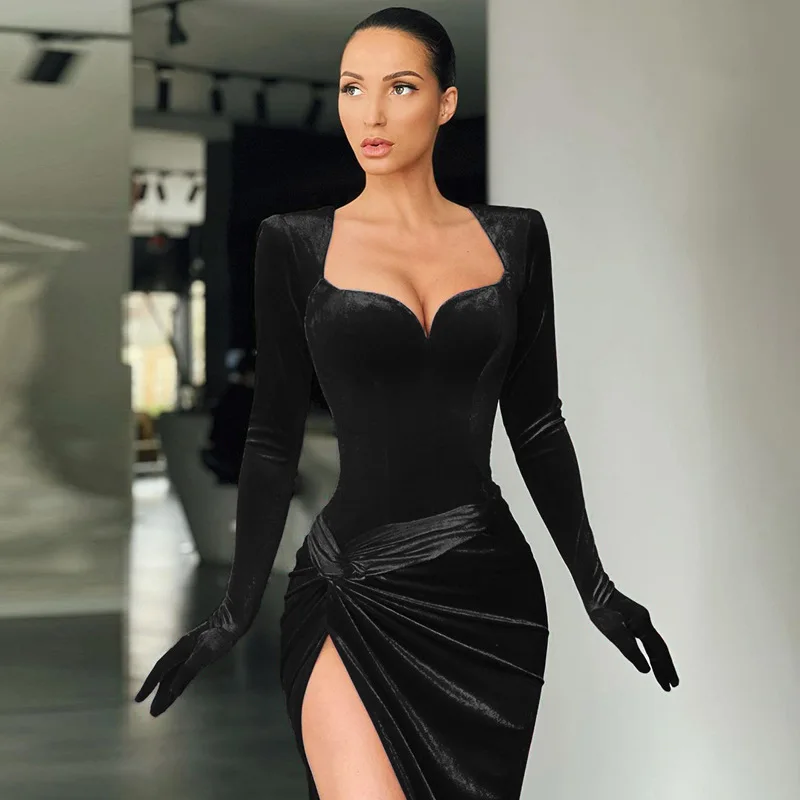 Women Sexy Dress Slim Fit Evening Floor Length Dresses V Neck Full Sleeve Slit Party Elegant Solid Gown Vestidos Autumn Winter