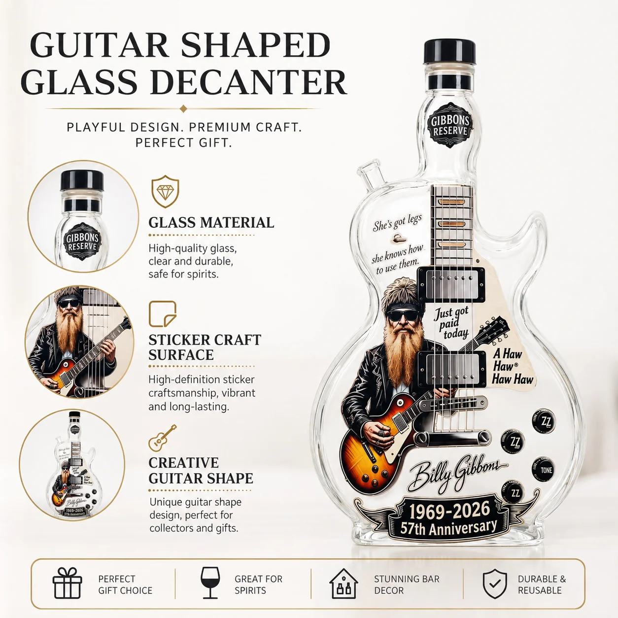 Billy Gibbons Guitar Glass Whiskey Decanter 1969-2026 Anniversary Decorative Liquor Bottle Music Lover Gift
