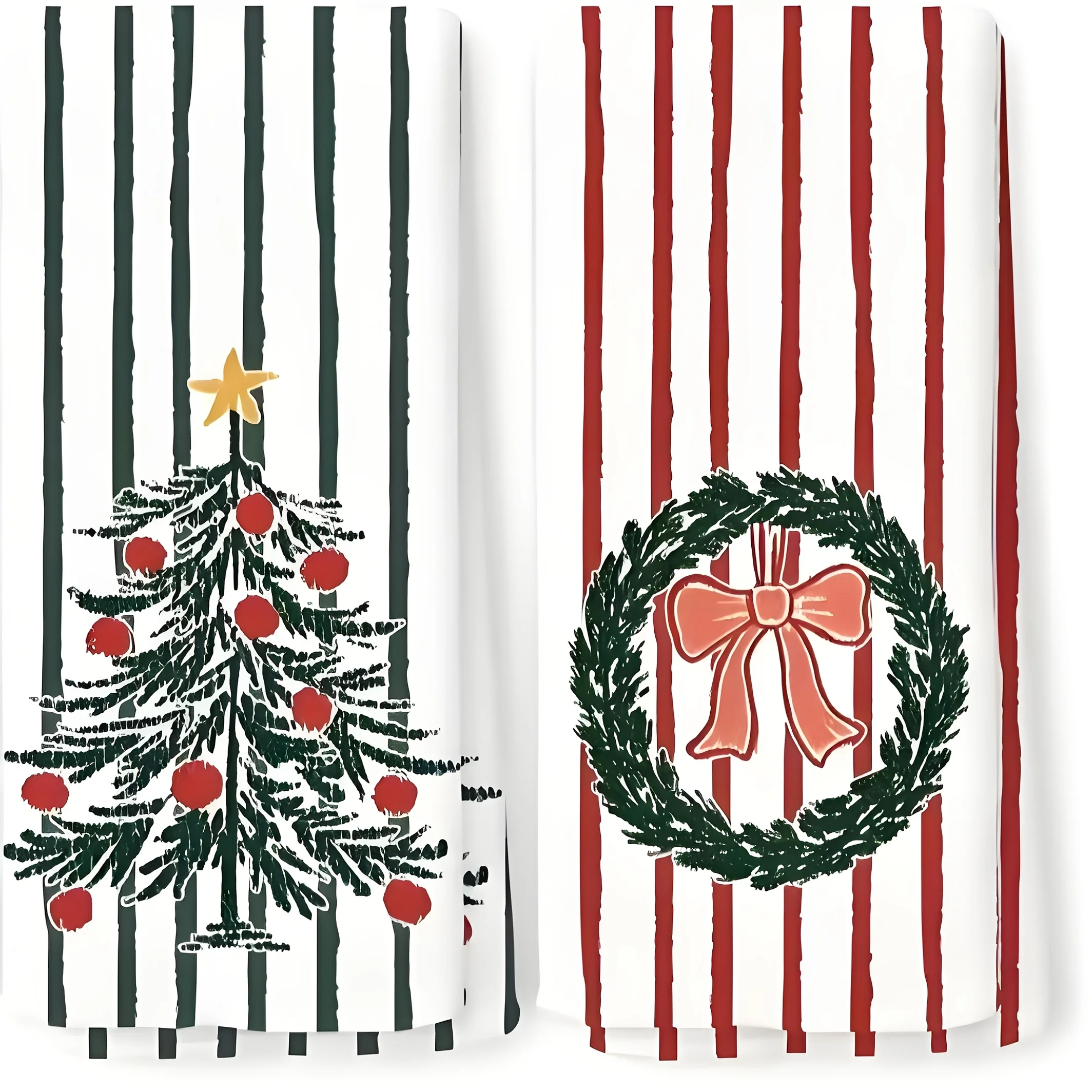Set of 2, red and green, vertical stripes, Christmas tree wreath, bow, kitchen towel