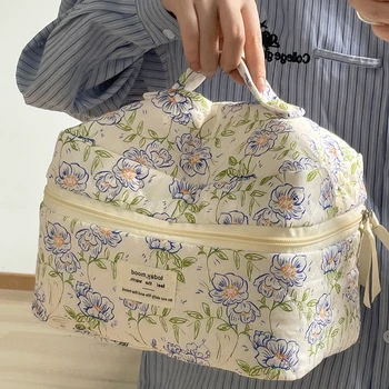 Bolsa acolchoada com flor vintage para mulheres, bolsa cosmética portátil, organizador de viagens de maquiagem, bolsa de algodão grande, nova