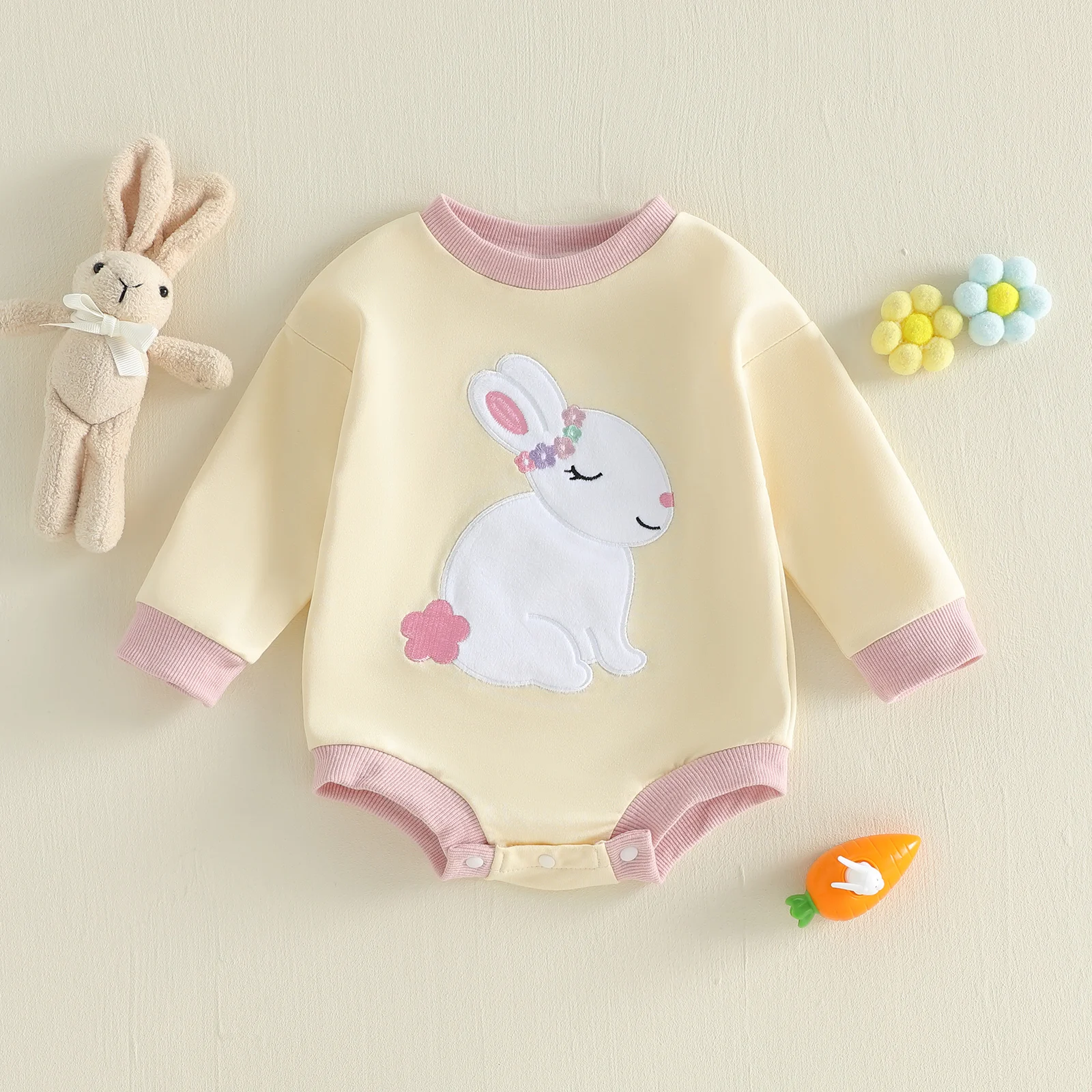 

Toddler Infant Baby Girl Easter Casual Romper Long Sleeve O Neck Bunny Embroidery Sweatshirt Romper