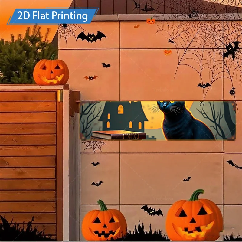 1 قطعة 4x16 بوصة علامة معدنية للهالوين 2D علامة معدنية مسطحة-قطة سوداء، منزل مسكون وديكور اليقطين
