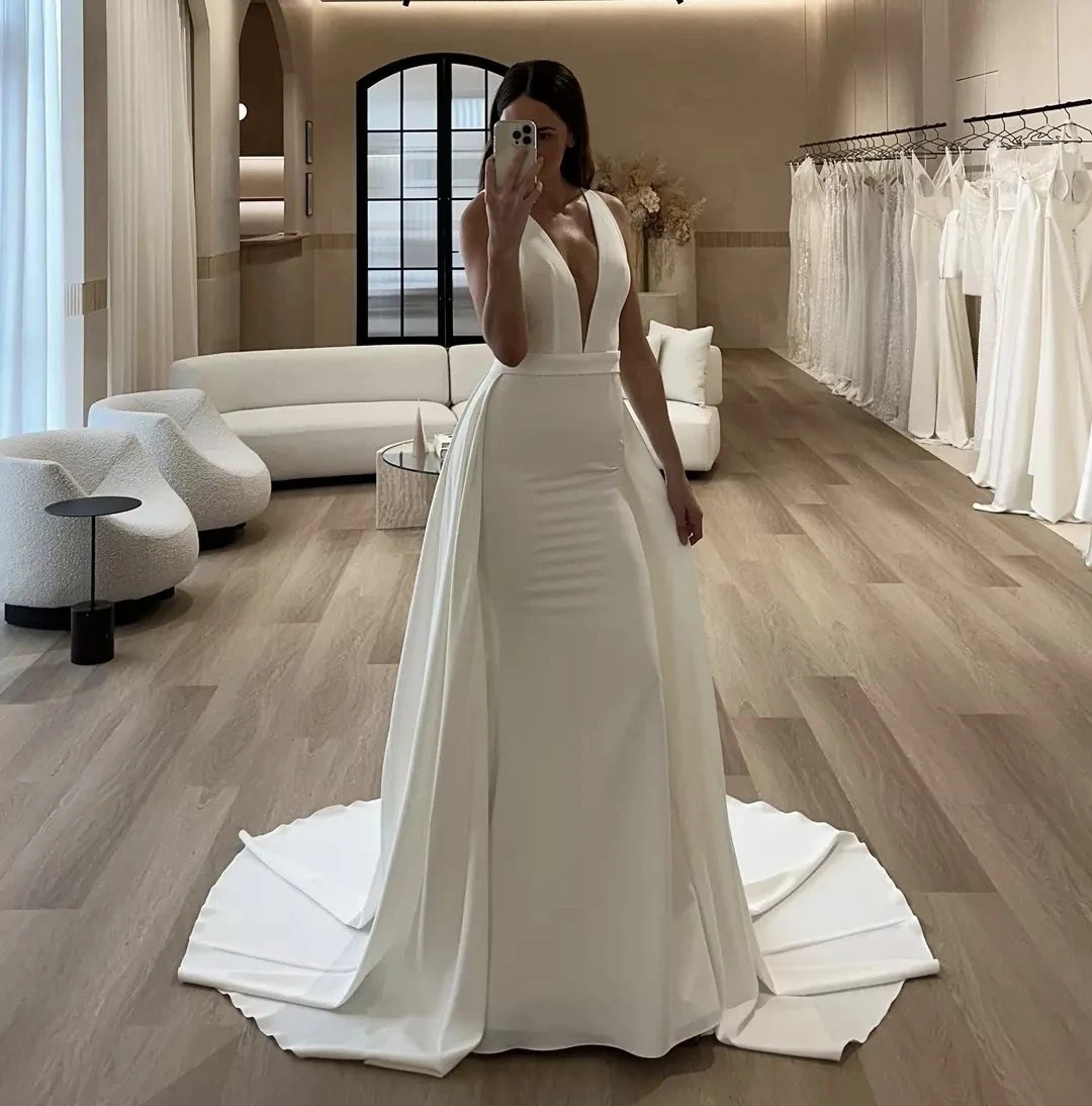 Vestido de casamento sexy profundo decote em v para mulheres, vestidos nupciais sem mangas do spandex, robe destacável, personalizar para medir