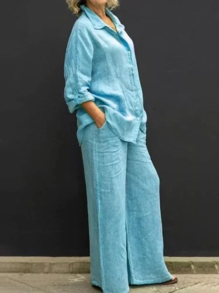 Conjunto de dos piezas de lino con solapa para mujer, camisa de manga larga con botones, blusa informal, Pantalones rectos sueltos, Color sólido, otoño