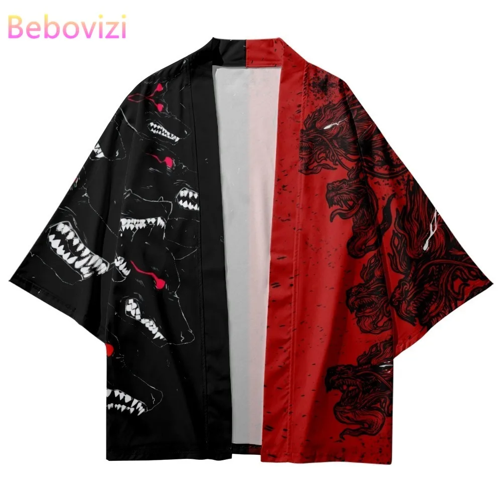 

Japanese Traditional Dragon Print Color Matching Kimono Men Women Yukata Cardigan Red Black Cosplay Haori Samurai Clothing