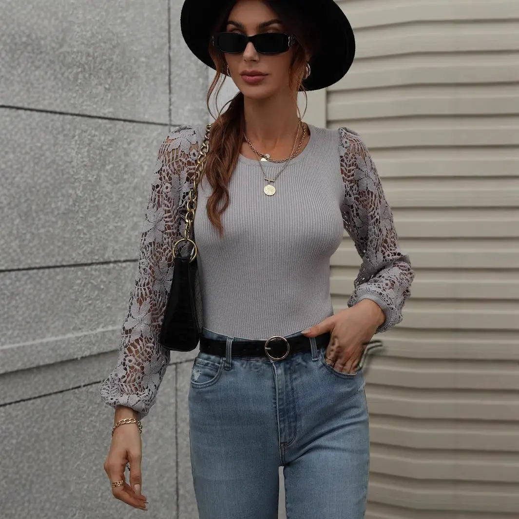 

Autumn Winter Hollow out Knitted Color Sweater Women's Long Sve Overhead Street Sle round Ne Pure Color Knitwear