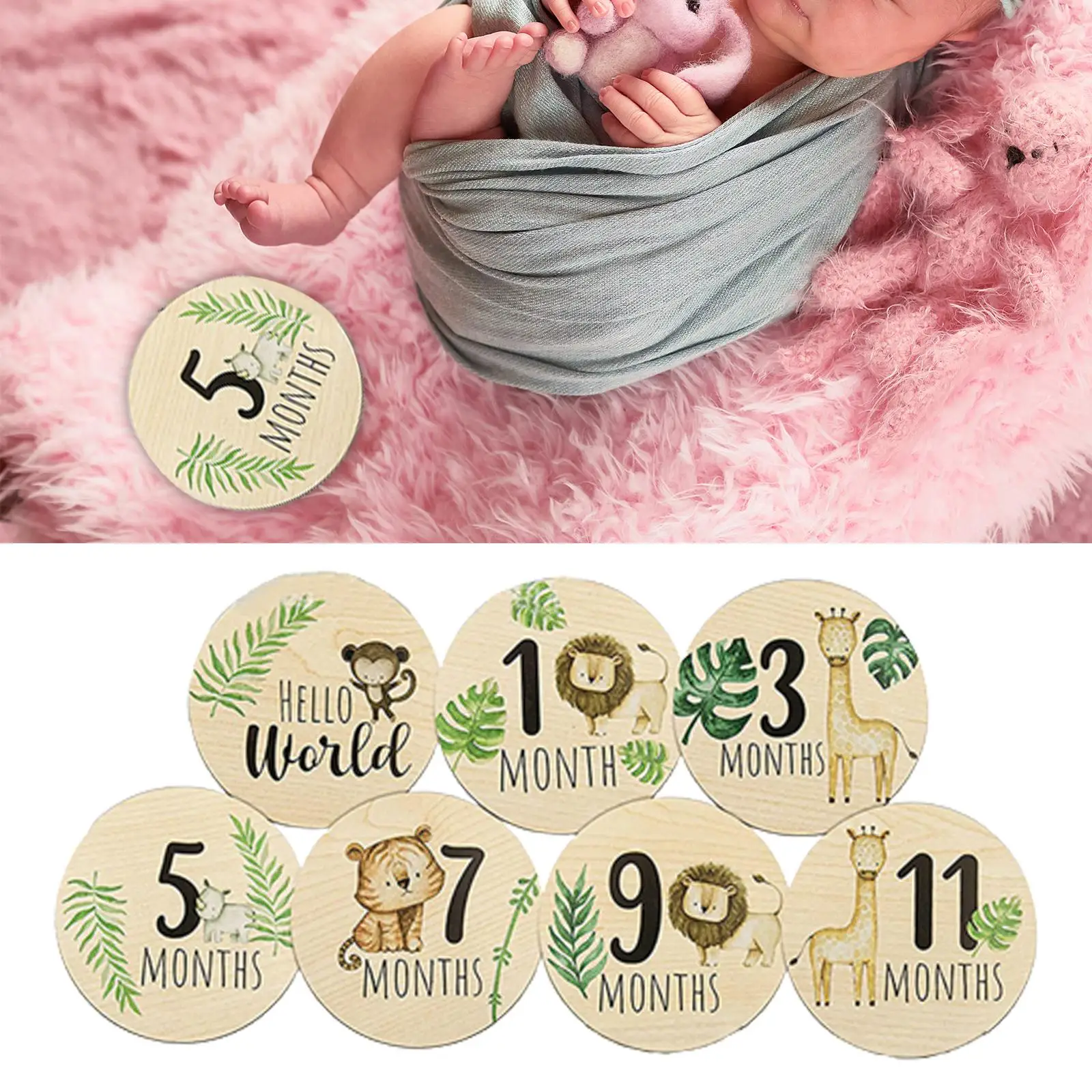 7Pcs Wooden Baby Milestone Cards 1-12 Months Round Photo Prop Monthly Milestone Discs Discs for Baby Growth Newborn Photo Props