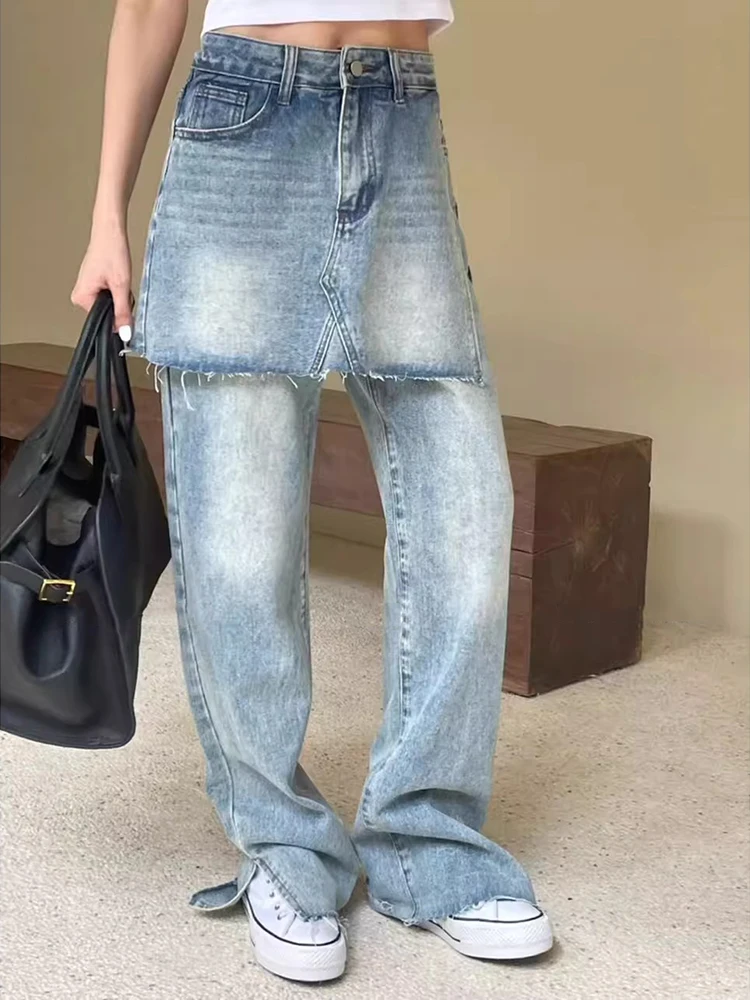 ReddaChic Wrap-around Split Wide Leg Denim Pants Women Patchwork Vintage Raw Edge Whiskers High Rise Baggy Jeans Korean Clothes