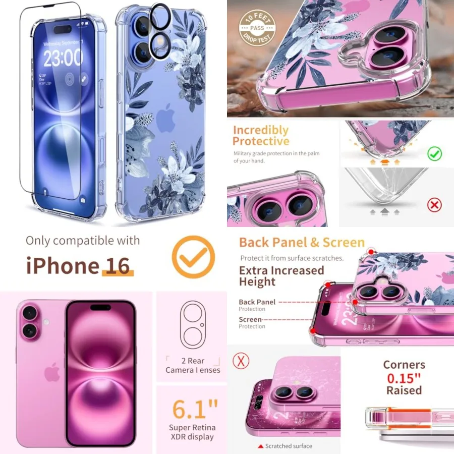 

for iPhone 16 Case, [3 in 1] with Screen Protector Camera Lens Protector, Flower Pattern Design, Clear Soft Shockproof Slim Flo