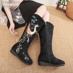 Veowalk 6cm Inside Wedge High Heel Winter Women Cotton Warm Lining Mid-Calf Long Boots Chinese Embroidered Shoes Black White