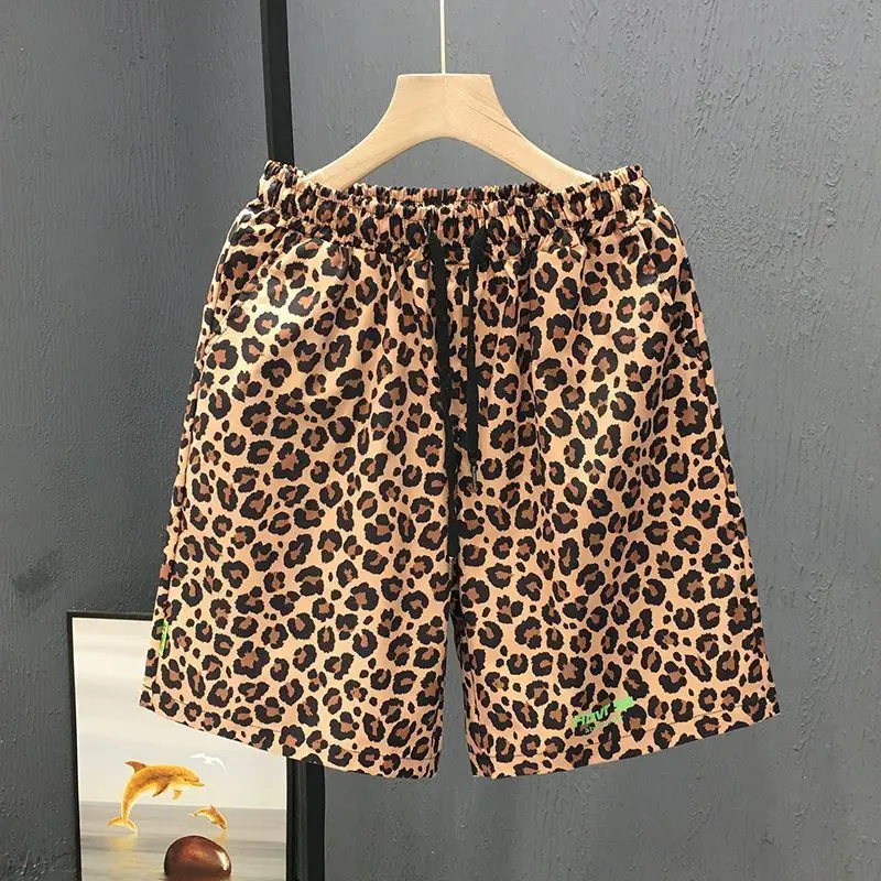 Men's Leopard Print Shorts Plus Size Summer Lightweight Beach Shorts Vintage Streetwear Casual 5 Inch Inseam