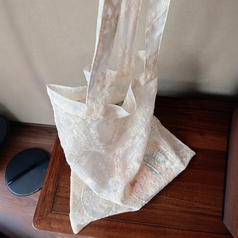 Neue Weiche Bestickte Blumen-Schultertasche Organza Große Kapazität Spitzen-Handtasche Tragbare Tragetasche für Damen – Detail 5