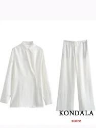 KONDALA Casual White Women Suits Long Sleeve O Neck Split Shirts+High Waist Wide Leg Pants Fashion 2023 Autumn Office Wear Sets