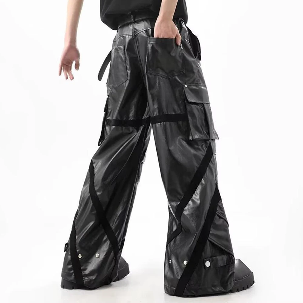 Mens Pu Cargo Moto Casual Pants Streetwear Autumn Fashion Youth Outdoor Versatile Hip-Hop City Boy Youth Trends Biker Pants 2026