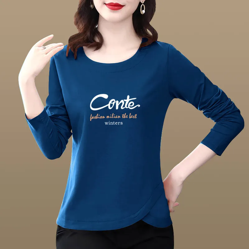 Schmal geschnittenes, langärmliges, rundhalsiges Baumwoll-T-Shirt für Damen, lässiges Basic-Unterhemd, koreanischer Stil, Herbst/Winter, Neu eingetroffen