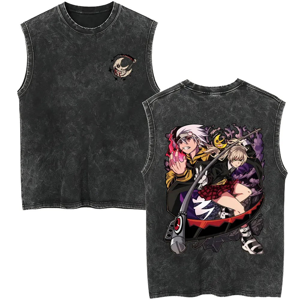 Anime Soul Eater Maka Albarn Men Women Vintage Washed Tank Tops Men's Clothing Fashion Cartoon Oversized Sleeveless Vest T-shirt