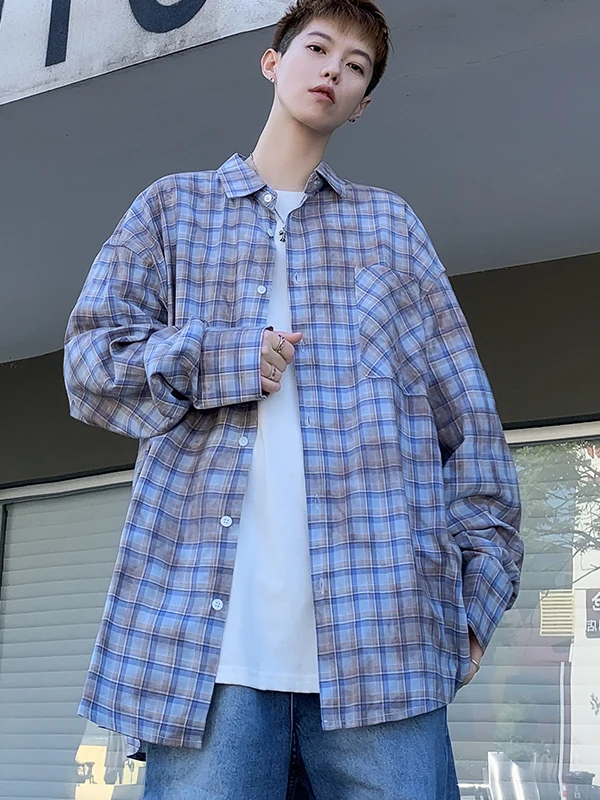 

Loose Casual Long Sleeve Tie Dye Shirt Men's Spring Autumn Seasonal Fashion Brand American Style Couple Model Checkered Top