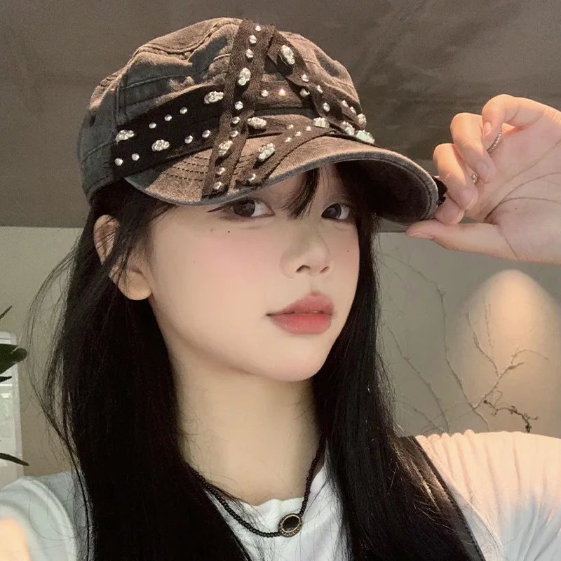 Vintage Distressed Five-pointed Washed Flat-top Baseball Cap Women High-end Studded Punk Beret