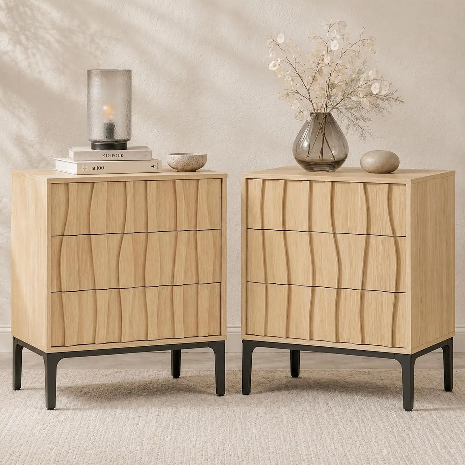 Fluted 3-Drawer Nightstands Set of 2, 3D Wave Front Natural Maple, Customized