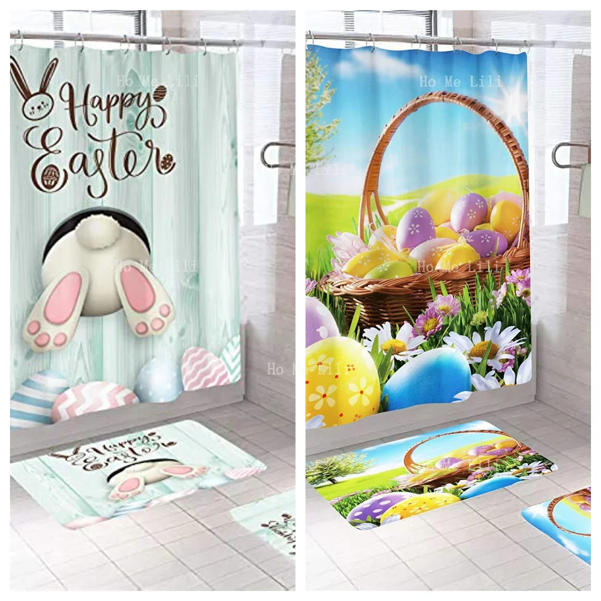 4 Pcs Shower Curtain Set With Non-Slip Rug, Toilet Lid Cover And Bath Mat,Funny Rabbit Easter And Blue Eggs With 12 Hooks