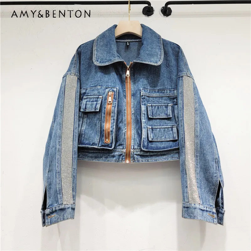 

Short Denim Chaquetas 2024 New Handsome Three-Dimensional Cargo Pocket Long Sleeve Rhinestone Jeans Jacket Women's Fashion Coat