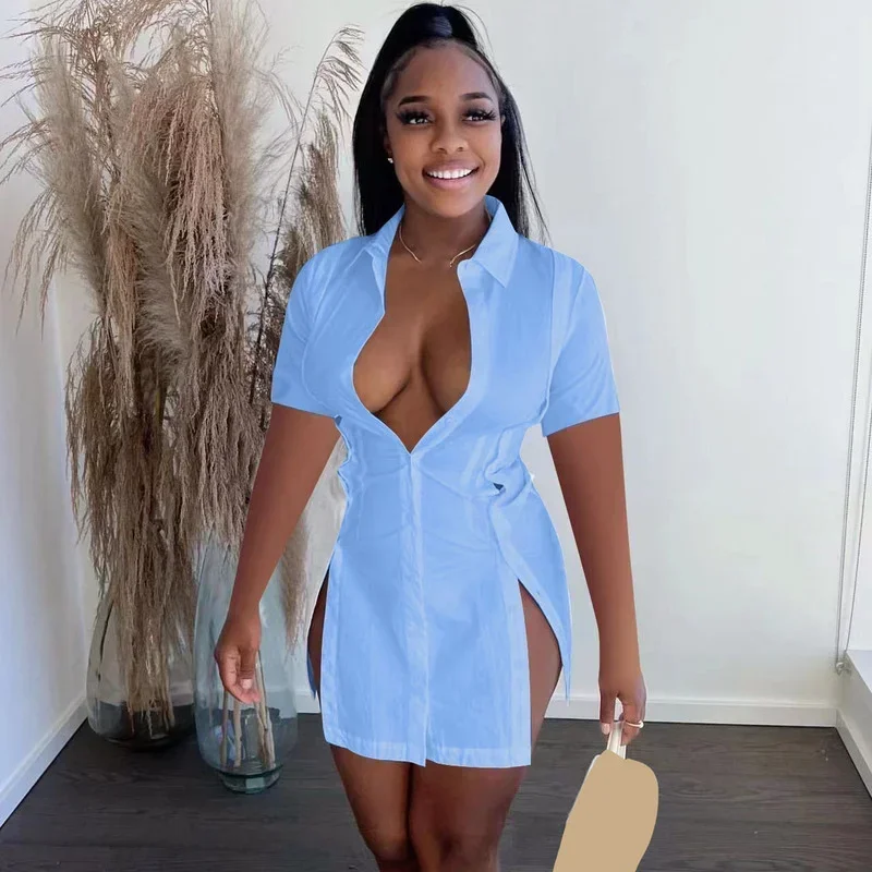 GUWU قميص واحد الصدر بدوره إلى أسفل الرقبة نمط ألف خط Bodycon قصيرة الأكمام سموك فستان المرأة 2024 الصيف سبليت الجانب فساتين