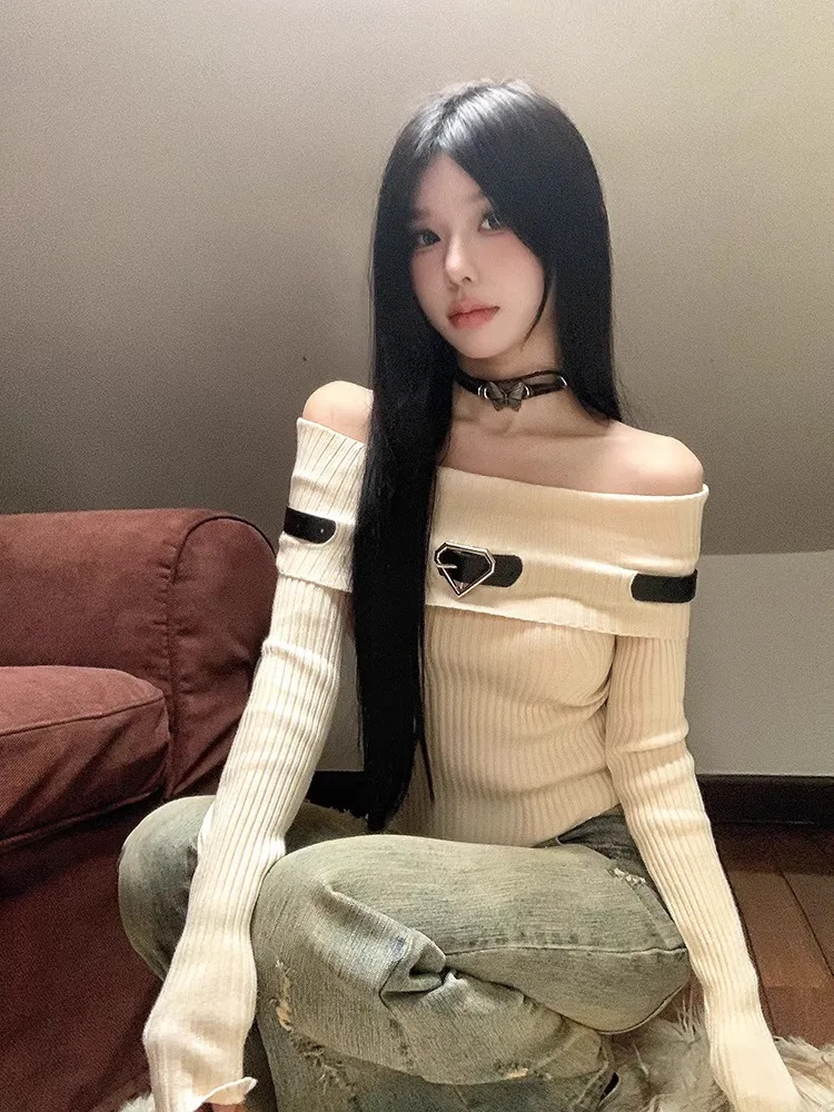 

Pure Desire Sweet Spicy oulder Bared Knitted Sweater Women's American Sle Autumn Winter New Long Sve Inner Wear Base S...