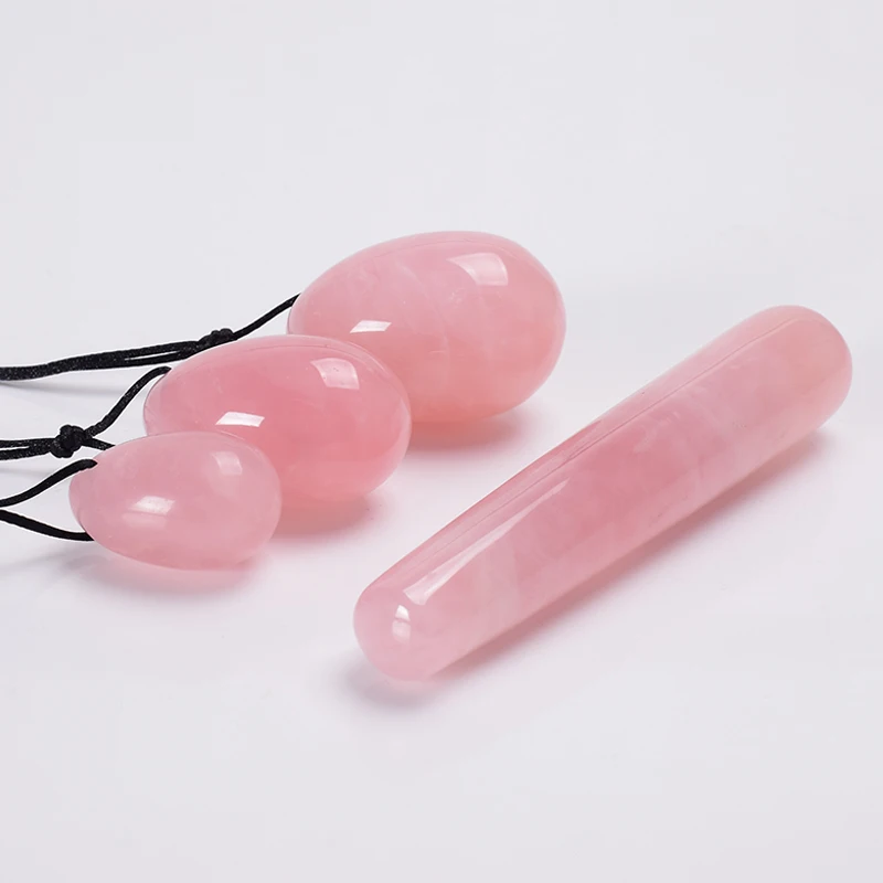 Drop Shipping Drilled Natural Rose Quartz Yoni Egg Set Women Kegel Exerciser Feminine Muscles Tightening Yoni Wand Jade Massager