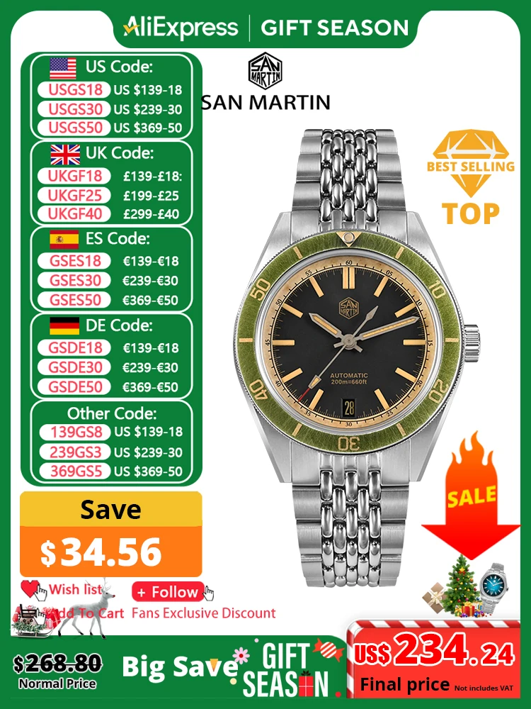 San Martin 39.5mm Men Dive Watch Vintage Distressed Effect NH35 Automatic Mechanical Watch Waterproof 200m C3 Lume SN0116 Reloj