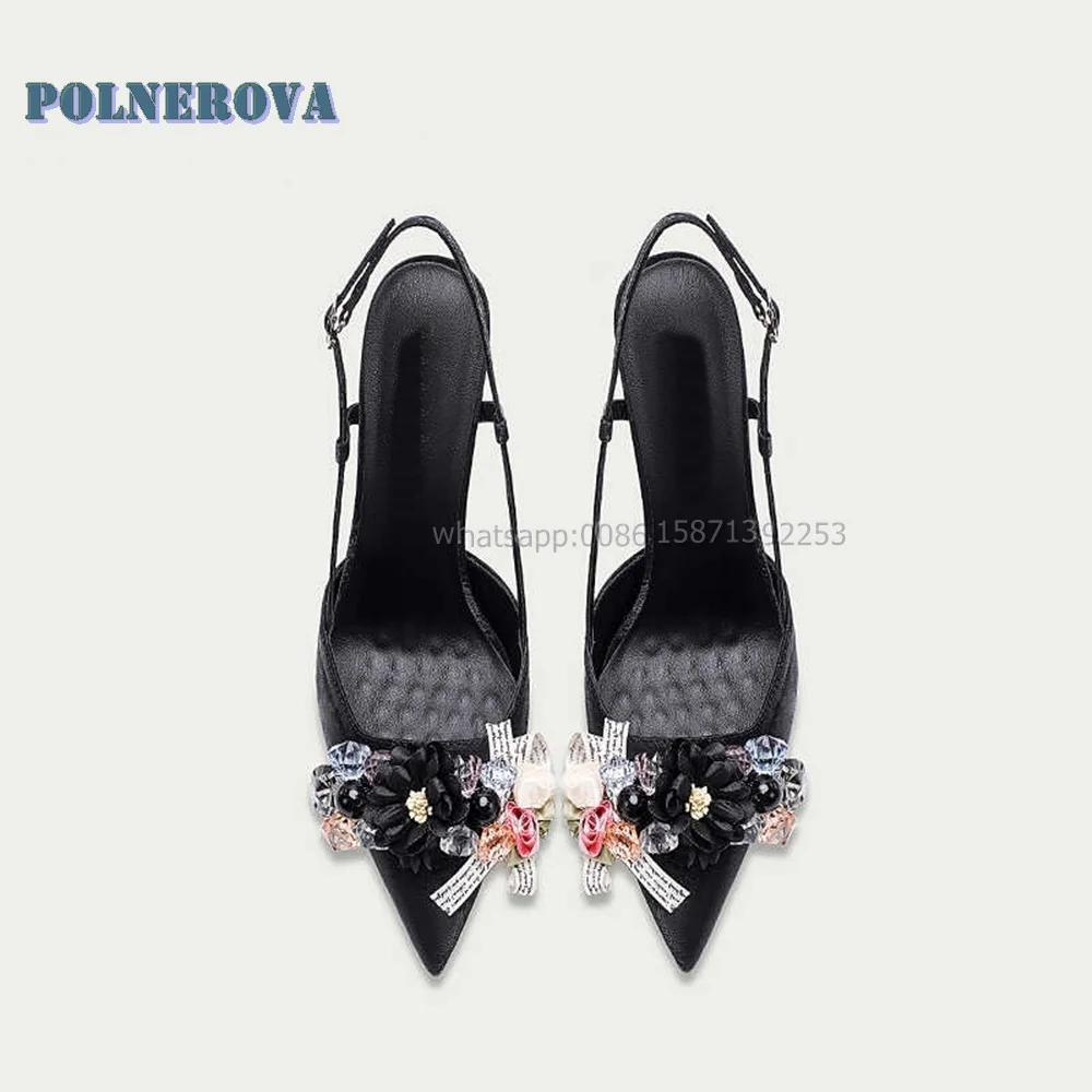 Flower Gemstone Decoration Shallow Sandals Pointed Toe Stiletto Side Air Slingback Black Women Heels Elegant Party Wedding Shoes