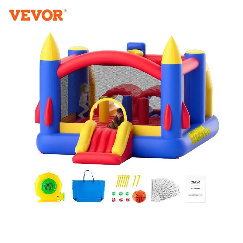 VEVOR Inflatable Bounce House Outdoor Playhouse Trampoline Jumping Bouncer with Blower Slide and Storage Bag Inflatable Castle