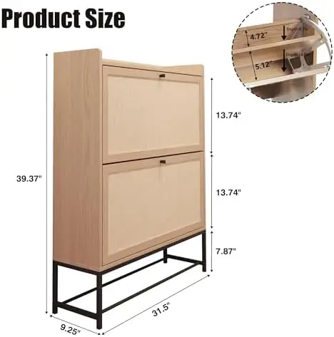 Narrow Shoe Storage Cabinet for Entryway with 2 Flip Drawers, Freestanding Shoe Cabinet with Natural Linen Panel, Slim