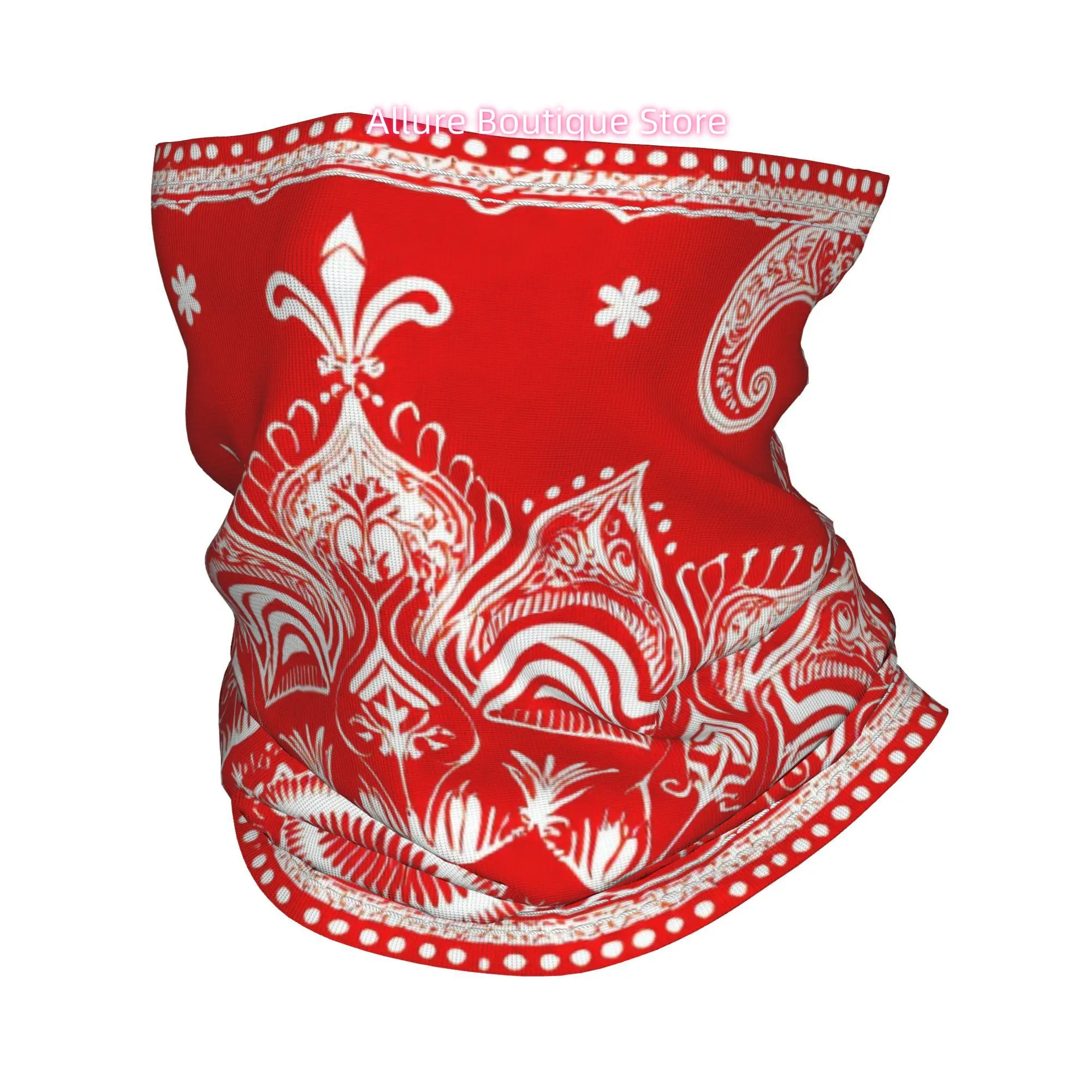 Wrap Scarf | Square Mandala Bandana Print with Red Pink White Floral Paisley Border Theme Balaclava Hiking Face Mask - Unisex Ad