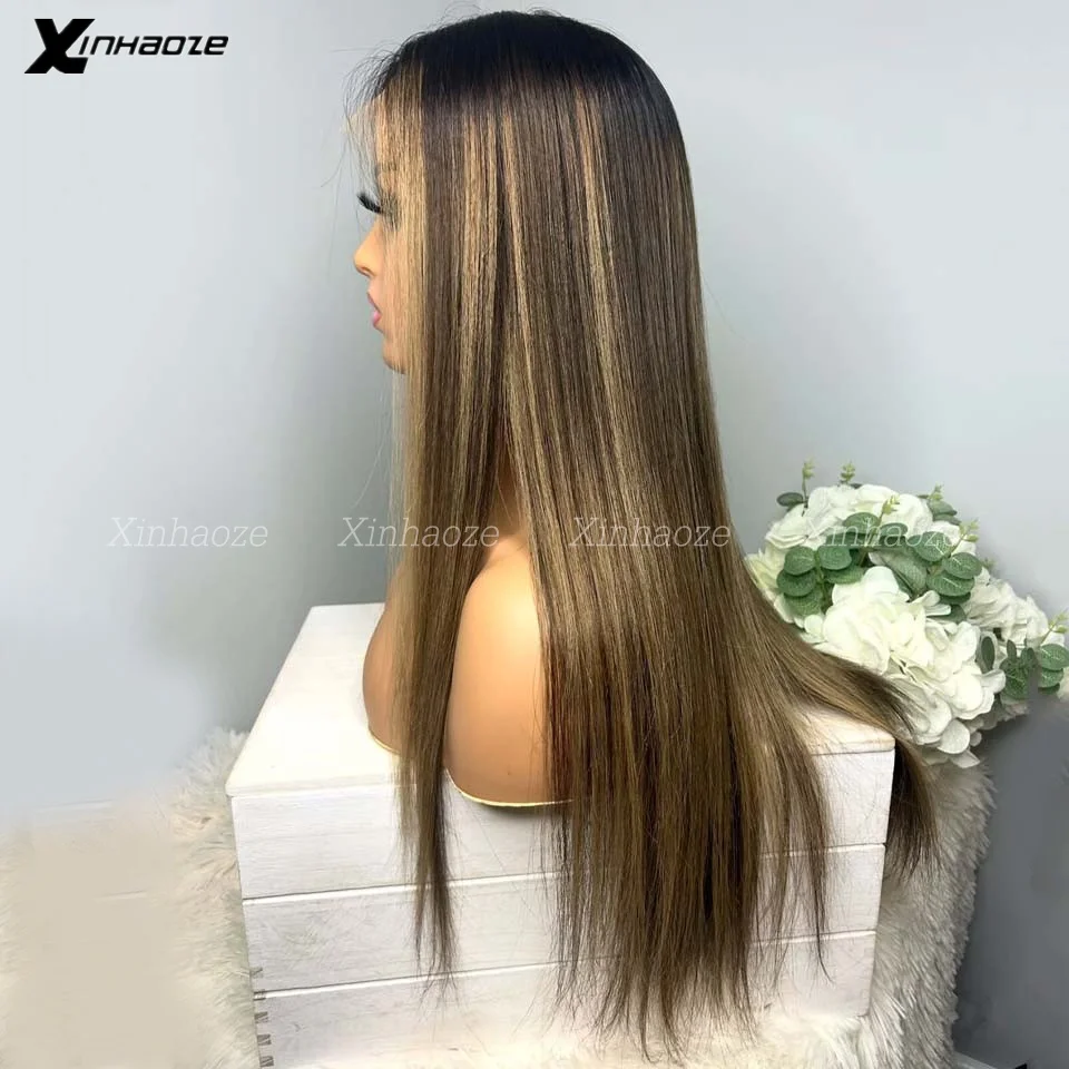 4T27 Evidenziare Parrucca Diritta Dei Capelli Umani Per Le Donne Nere 13x4 HD Trasparente Parrucche Anteriori Del Merletto Con I Capelli Del Bambino Pre Pizzicate Brasiliano